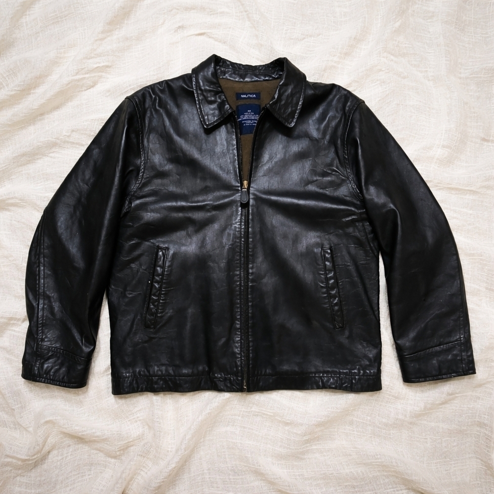 Vintage Y2K NAUTICA Genuine Leather Jacket Mens 44 Black Soft Leather Zip Front